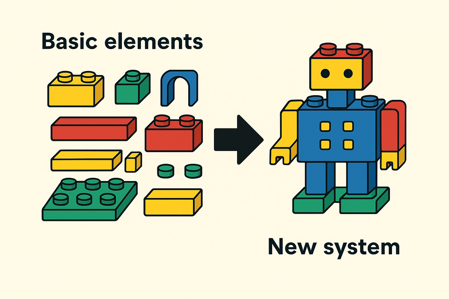 第一性原理（The First Principle）示意圖

左邊是樂高積木零件，右邊則是經由樂高積木組裝出來的機器人